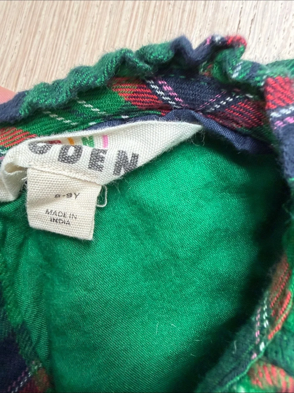 Mini Boden Green Plaid Long-Sleeve Dress with Gold Stars